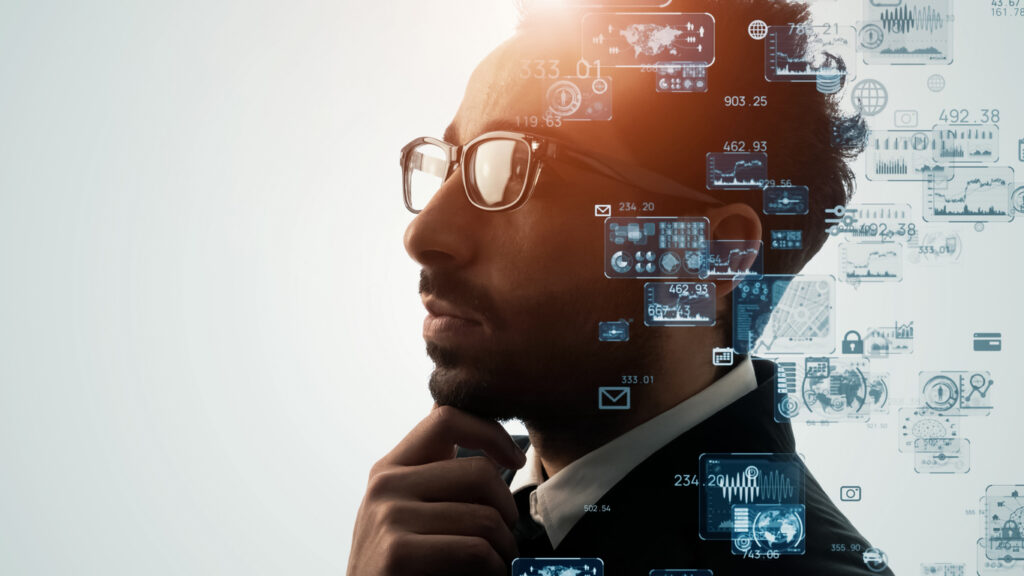 profil visage pensif avec surimpression de visuels graphiques (écrans et stats)