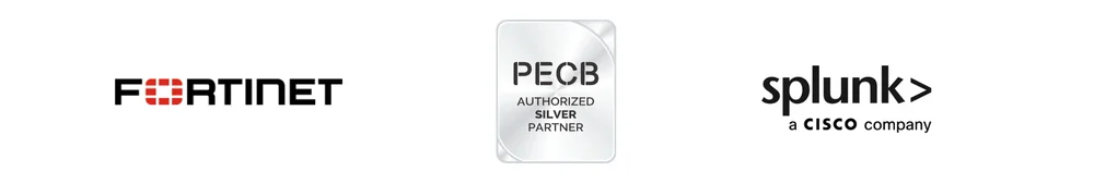 logos partenaires PECB, Cisco Splunk et Fortinet