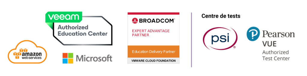 Logos AWS, Microsoft, VMware Broadcom, Veeam et PSI, Pearson Vue