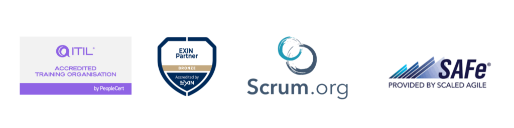 Logos ATO (accrédité centre de formation ITIL), EXIN, Scrum.org et SAFe