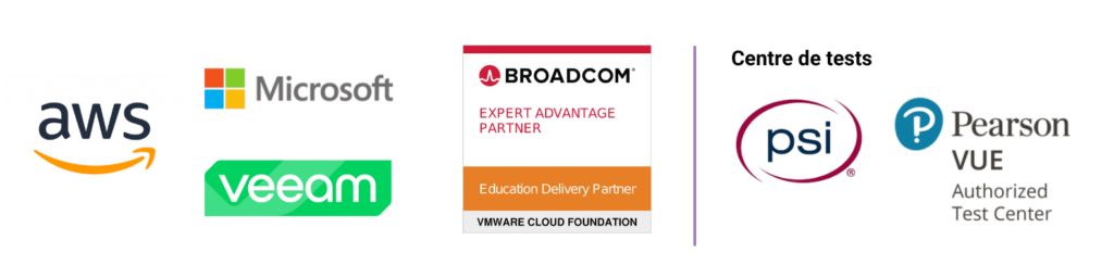 Logos AWS, Microsoft, Broadcom, Veeam et PSI, Pearson Vue