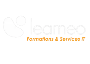 Logo blanc Learneo Formations et services IT baseline orange