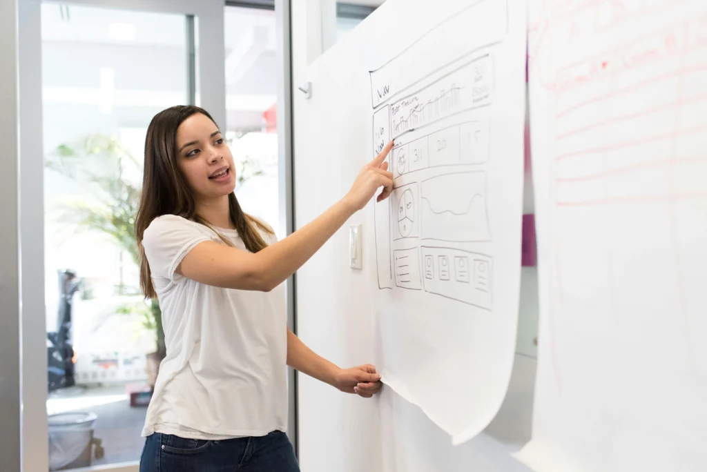 femme présentant un schéma au tableau